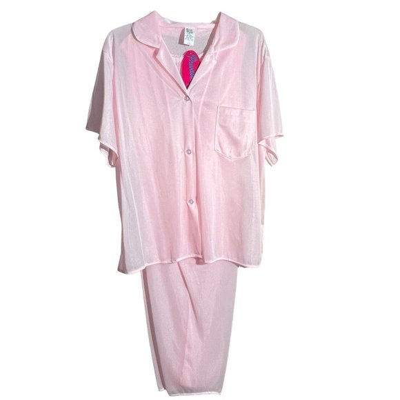New Womens Private Moments Pink Pajama Set Size 1XL Plus Size Nylon Button Front - Picture 1 of 8